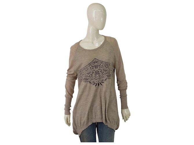 High Beige Flowers Wool Alpaca Sweater Pullover M