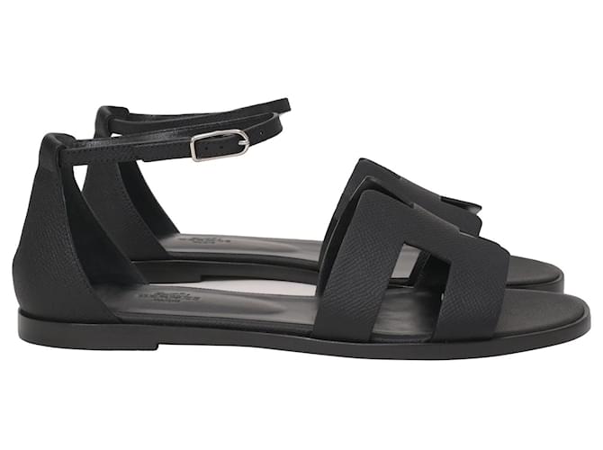 Hermès Santorini Sandals in Black Calfskin Leather Pony-style calfskin  ref.1423348