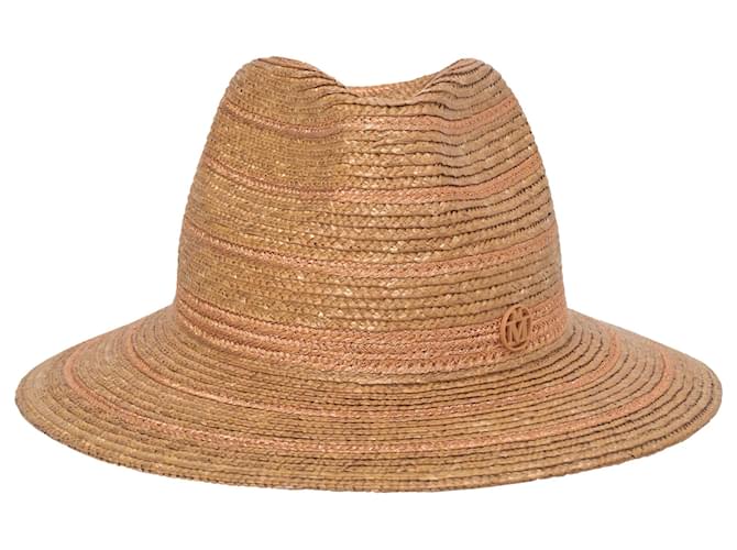 Maison Michel Logo Fedora Hat in Brown Straw  ref.1423390