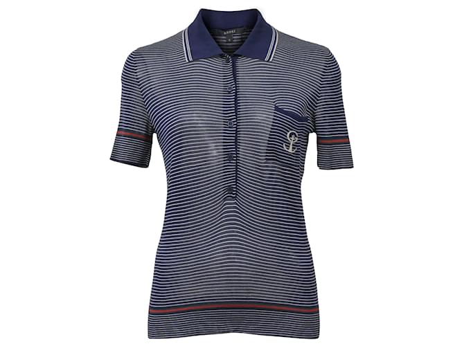 Gucci Striped Knit Polo Shirt in Navy Blue Silk  ref.1423411