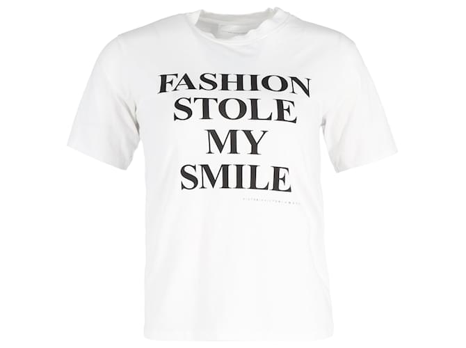 Victoria Beckham Fashion Stole My Smile Slogan T-Shirt in White Cotton  ref.1423449