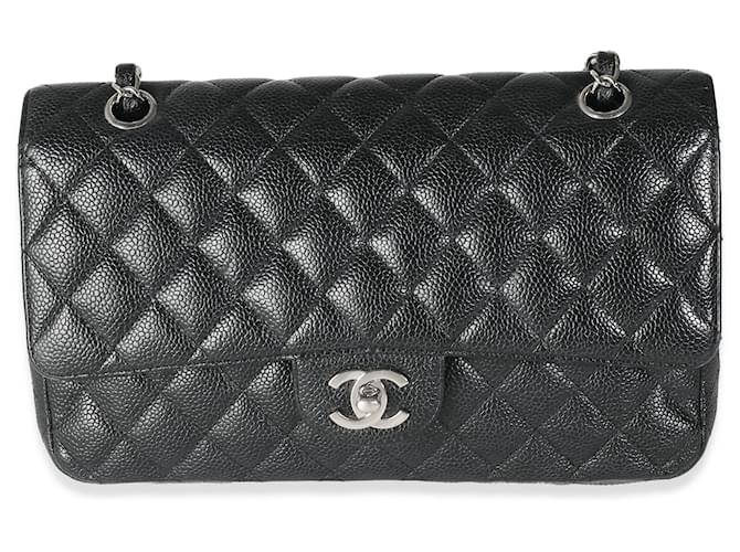 Sac à dos double rabat classique moyen en caviar noir matelassé Chanel Cuir  ref.1423511