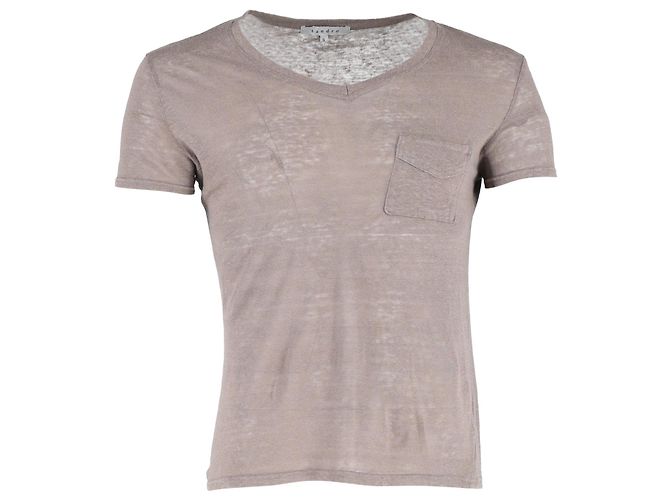 Camiseta Sandro Paris com decote em V em linho marrom