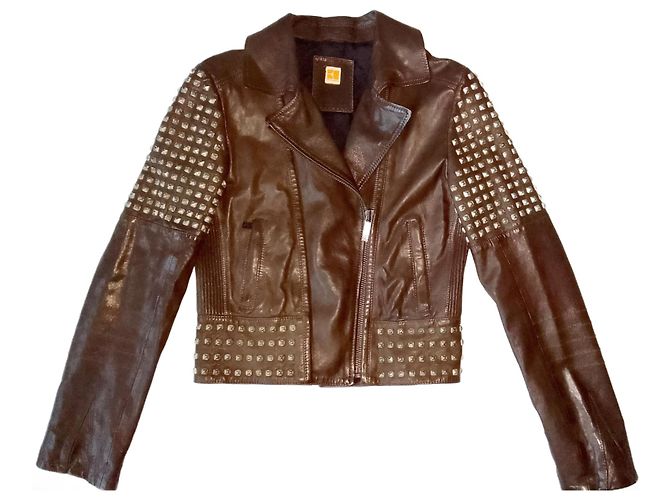 Hugo Boss Double Breasted Motorcycle Biker Rocker Lamb Leather Brown Jacket