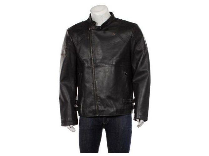 Autre Marque Doppelt gefütterte schwarze Lederjacke mit Reißverschluss für Motorradfahrer WRANGLER