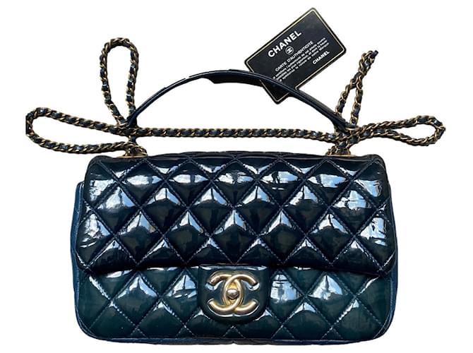 Sac Classic Flap de Chanel Cuir vernis Bleu  ref.1423738