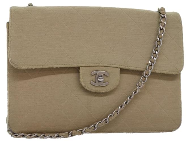 CHANEL Matelassé Schultertasche mit Kettenverschluss aus Baumwolle Beige CC Auth bs15107  ref.1423751