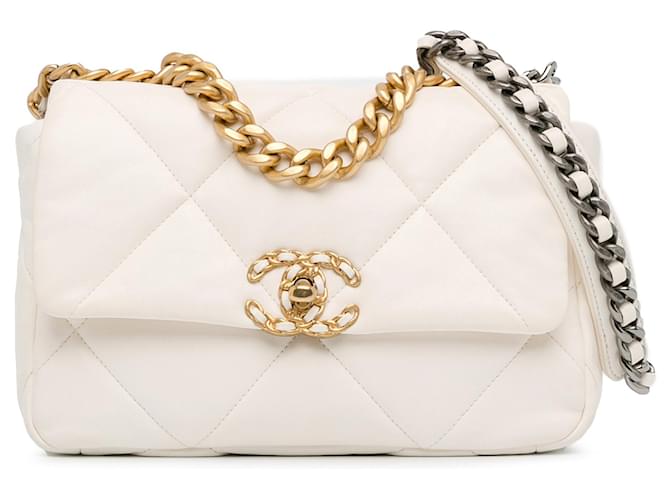 White Chanel Medium Lambskin 19 Flap Satchel Leather  ref.1424051