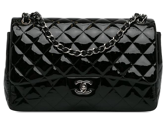 Black Chanel Jumbo Classic Patent Double Flap Shoulder Bag Leather  ref.1424059