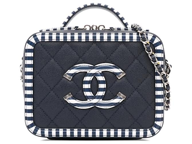 Vanity Petite trousse de maquillage en caviar bleu Chanel CC filigrane Cuir  ref.1424065