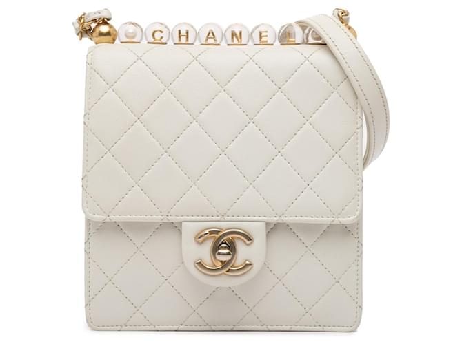 White Chanel Small Lambskin Chic Pearls Flap Crossbody Bag Leather  ref.1424084