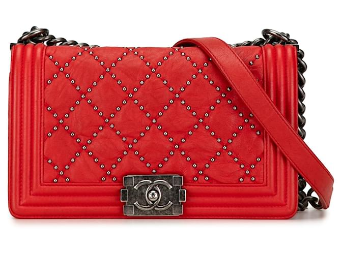 Red Chanel Medium Studded Crumpled Calfskin Boy Flap Crossbody Bag Leather  ref.1424132