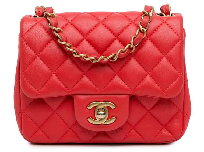 Sac à bandoulière classique en cuir d'agneau rouge Chanel Mini Square à rabat simple  ref.1424133