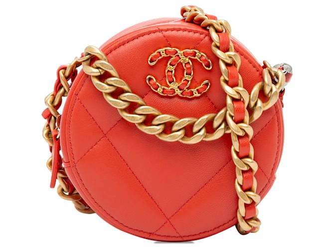 Pochette ronde Chanel en agneau orange 19 avec chaîne Cuir  ref.1424139