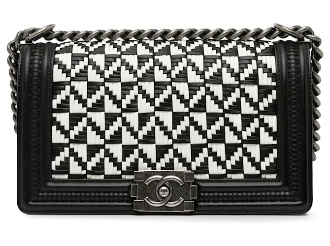 Black Chanel Medium Woven Boy Flap Shoulder Bag Leather  ref.1424163