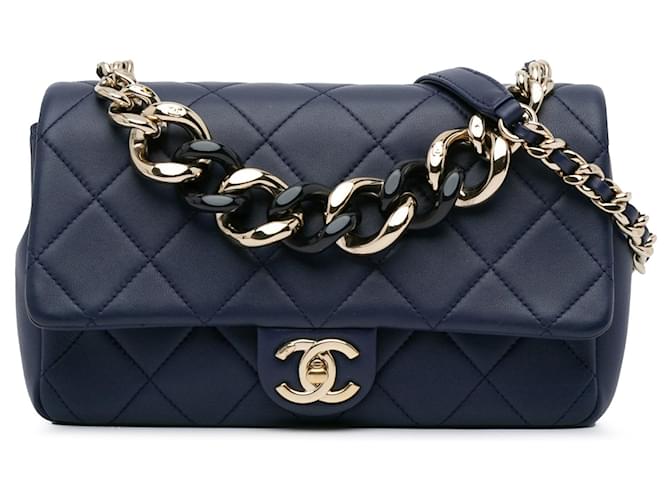 Blue Chanel Small Lambskin Elegant Chain Single Flap Satchel Leather  ref.1424170