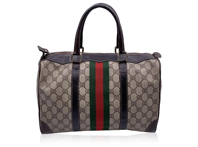 Gucci Vintage Brown Canvas and Leather Monogram Web Boston Bag Beige Cloth  ref.1424253