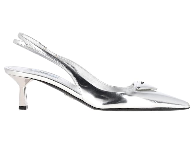 Prada Logo Slingback Pumps in Silver Leather Silvery Metallic  ref.1424267