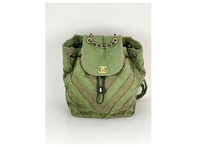 CHANEL Backpack Canvas Chevron Cuba Patchwork Khaki Green Backpack Preowned Cloth  ref.1424277