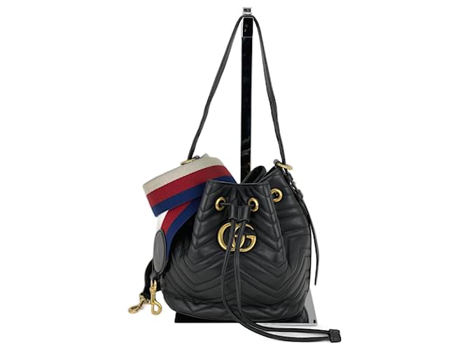 Gucci Handbag Sylvie Web GG Marmont Black Leather Matelasse Bucket Bag Pony-style calfskin  ref.1424368