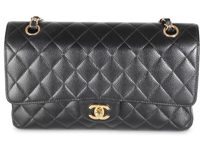 Sac à dos double rabat classique moyen en caviar noir matelassé Chanel Cuir  ref.1424380