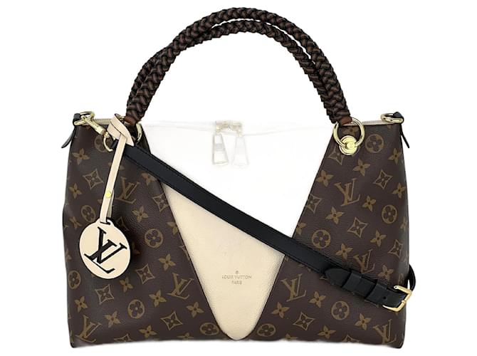 Louis Vuitton Monogram Braided V Tote MM White Leather Shoulder Hand Bag Brown Cloth  ref.1424422