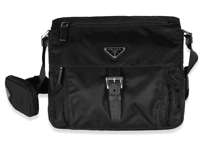 Prada schwarze Re-Nylon Schultertasche mit Fronttasche Leinwand