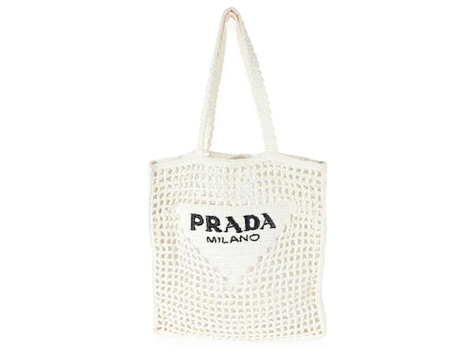 Borsa Tote Triangolo in Rafia Bianca all'Uncinetto Prada Bianco Paglia  ref.1424512