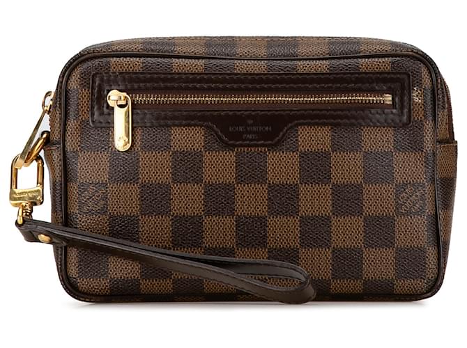 Pochette Billets Macao Damier Ebene Braun Louis Vuitton Leder Leinwand Kalbähnliches Kalb  ref.1424645