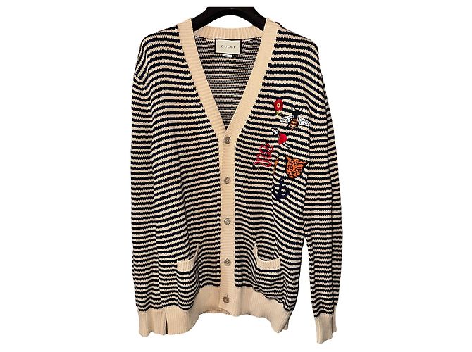 Gucci Cardigan V-Ausschnitt aus Baumwolle beige navy blau Marineblau