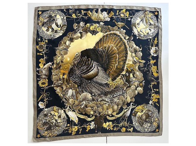 Hermès 'Fauna e Flora del Texas' Sciarpa Kermit Oliver 90 Nero D'oro