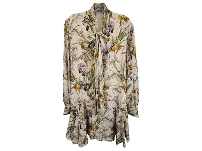 Alexander McQueen Wild Iris Print Long Sleeve Neck-Tie Mini Dress in Floral Print Silk Satin  ref.1425045