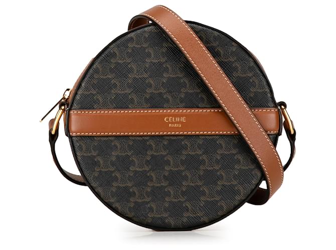 Céline Celine Brown Triomphe Round Purse on Strap Pony-style calfskin Cloth  ref.1425098