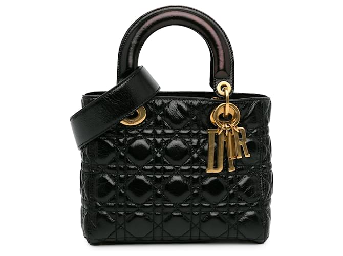 Dior Preto Pequeno Envernizado Amassado Cannage Distintivos da Sorte Minha Lady Dior Couro Couro envernizado  ref.1425136