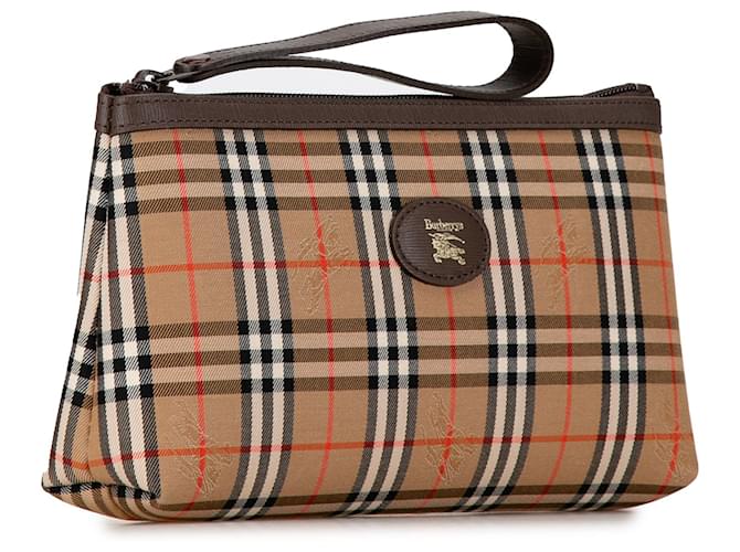 Brown Burberry Haymarket Check Canvas Clutch Leather  ref.1425520