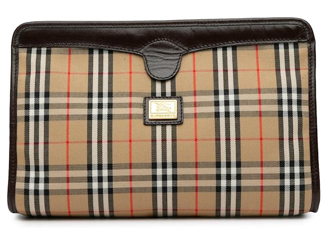 Clutch de lona xadrez vintage Burberry marrom Couro  ref.1425601