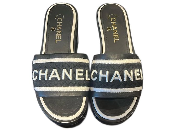 Chanel Lambskin Embroidered CC Mule Sandal 37 Black White