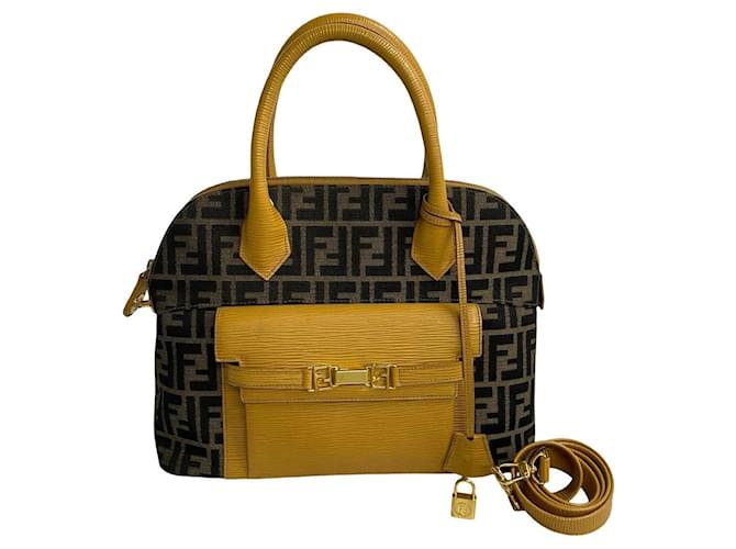 Fendi Zucca FF Pattern Canvas Epi Leather Handbag Shoulder Bag Canvas Shoulder Bag 0914451204 in Great Condition Brown Cloth  ref.1425683