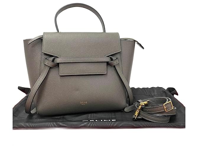 Céline Bolsa de mão de couro Celine Nano Belt em ótimo estado Cinza  ref.1425715