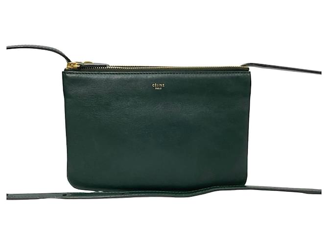 Céline Celine Trio Small Leather Shoulder Bag Leather Shoulder Bag in Very Good Condition Green  ref.1425723