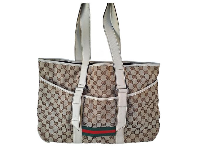 Bolsa Tote Gucci Marrom em Lona e Couro