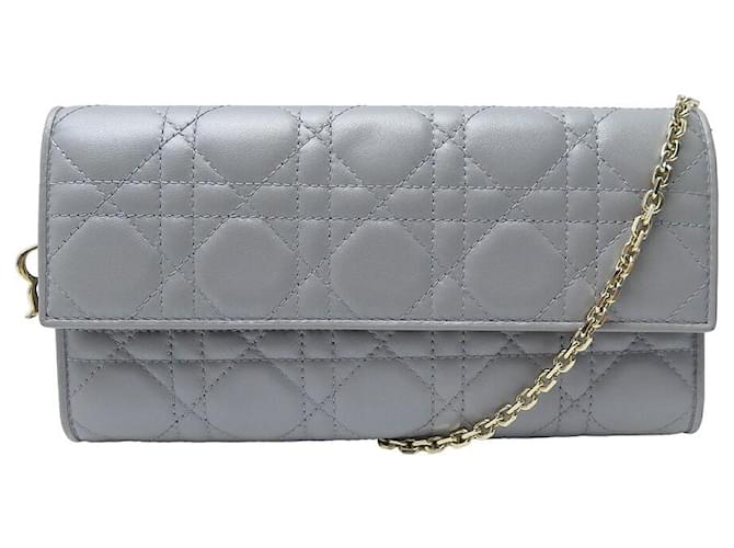 CHRISTIAN DIOR HAND BAG LADY WOC CANNAGE SILVER LEATHER POUCH Silvery ref.1425960 Joli Closet