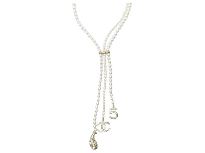 NINE CHANEL NECKLACE PEARL SAUTOIR CC LOGO DROP NUMBER 5 METAL NECKLACE Golden  ref.1425969