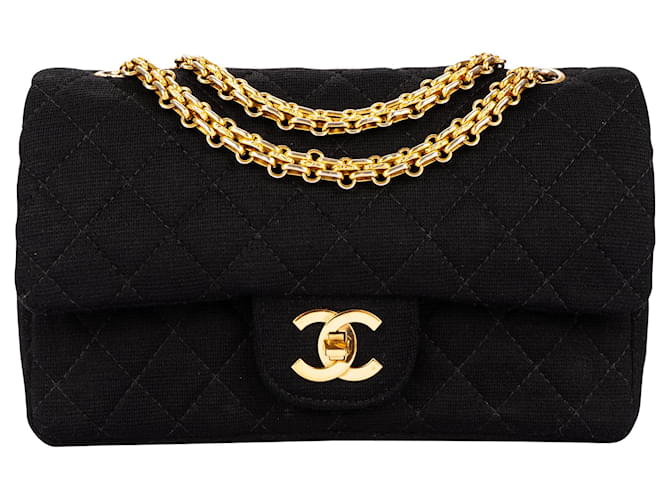 Borsa piccola a doppio flap in cotone trapuntato Chanel in oro 24K Nero Tela  ref.1426431