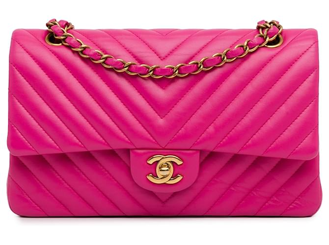 Chanel Rosa Medio Chevron Piel de Cordero Doble Solapa Cuero  ref.1426709