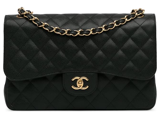 Chanel Schwarz Jumbo Klassisch Kaviar Doppelter Umschlag Leder  ref.1426783