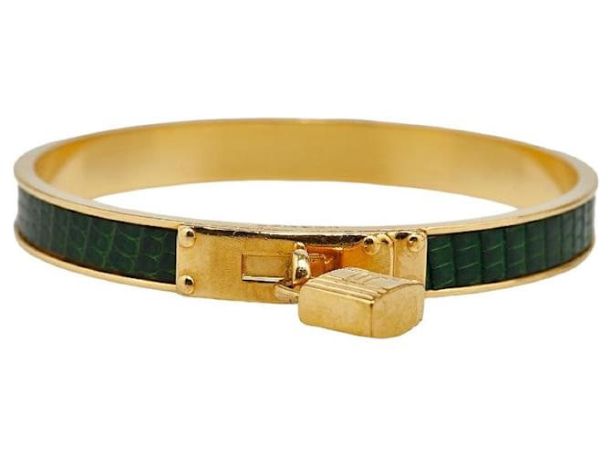 Hermès Hermes Kelly Bangle Green Gold Lizard Plated Bracelet in Good Condition Leather  ref.1426840