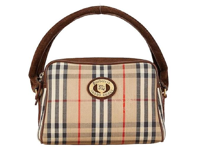 Burberry Nova Check Shadow Horse Canvas Suede Handbag in Very Good Condition Brown Cloth  ref.1426845