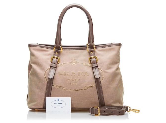 Tote Prada Canvas Leather 2WAY Handbag BN2832 in Very Good Condition Brown Cloth  ref.1426850