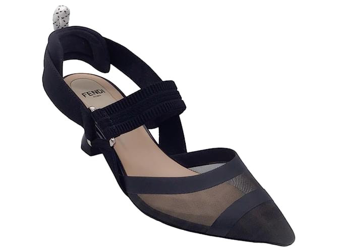Fendi Black Colibri Mesh Slingback Pumps Leather ref.1427267